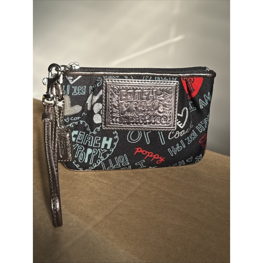 COACH Poppy Black Red Graffiti Bronze Metallic Leather Trim Wallet Wristlet EUC - Picture 4 of 16